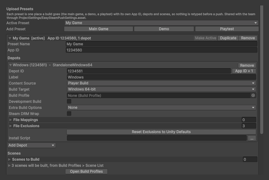 Presets and depots in Project Settings
